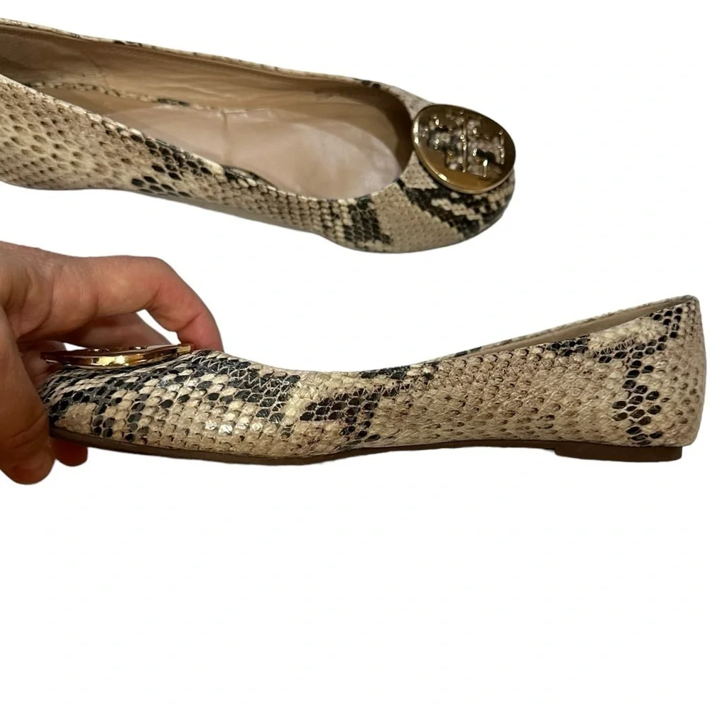 Tory Burch Brown Cream Leather Roccio Python Reva Ballet Flats Goldtone Logo